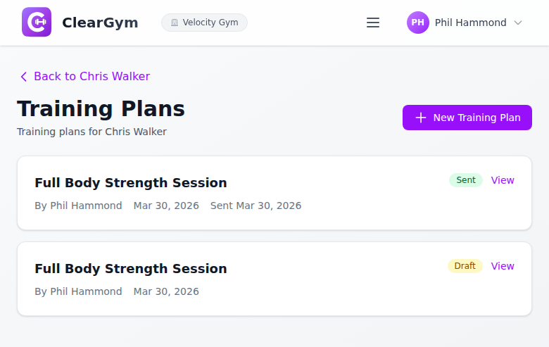The training plans list for a member, showing draft and sent plans