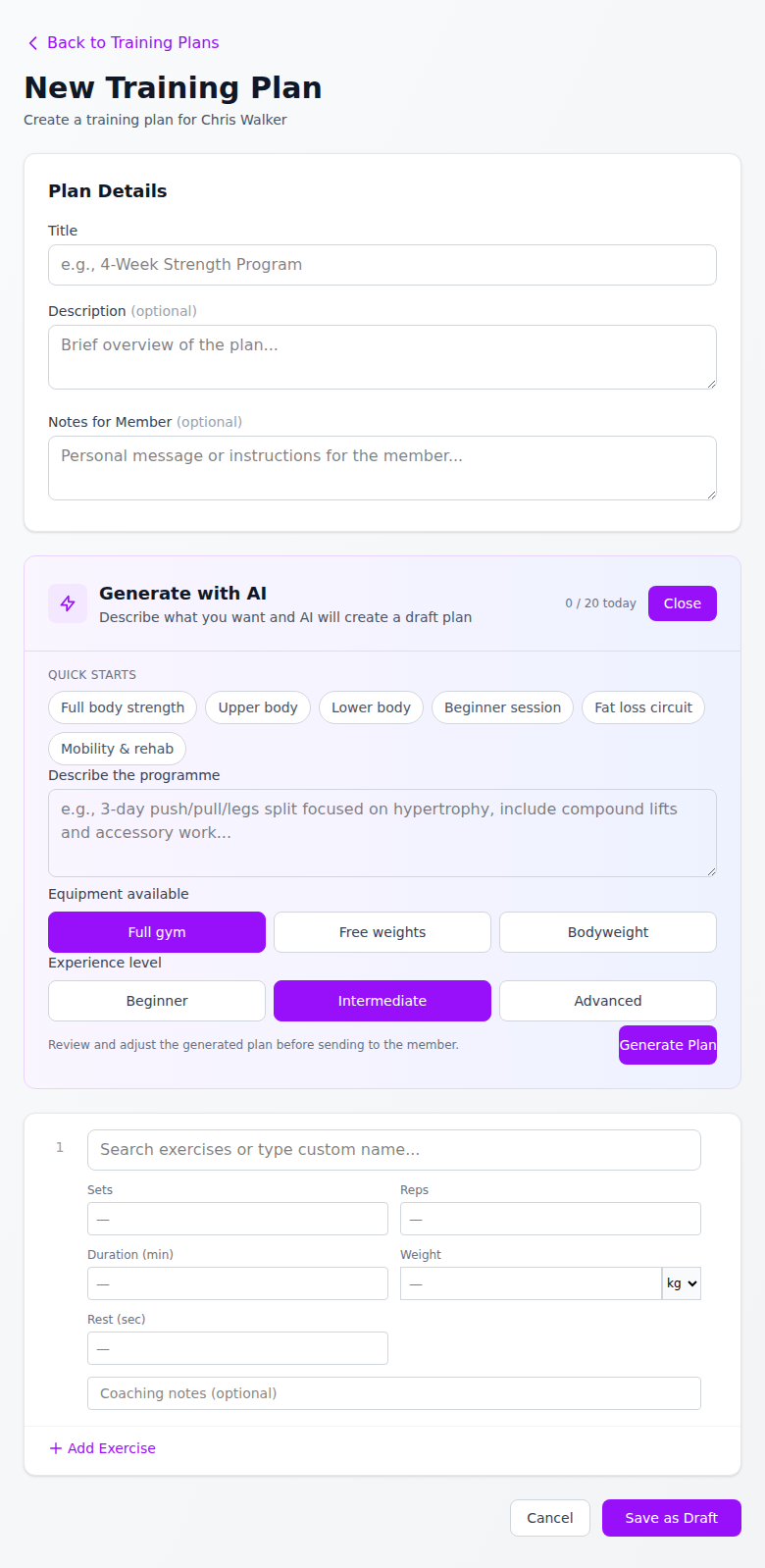 The plan creation form with the AI panel open, showing quick starts, description field, equipment and experience level options