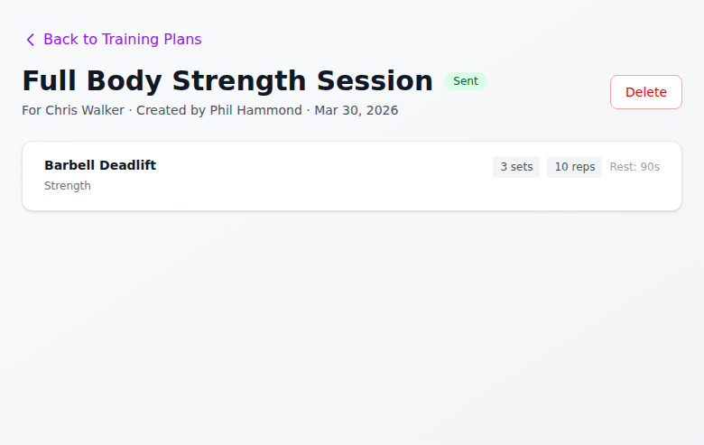 The trainer view of a sent training plan showing the exercise, sets, reps and rest time