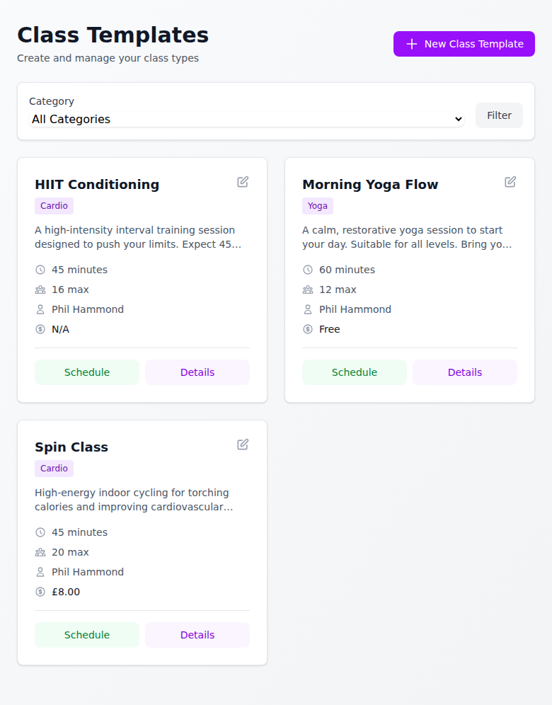 Class Templates library showing HIIT Conditioning, Morning Yoga Flow, and Spin Class cards