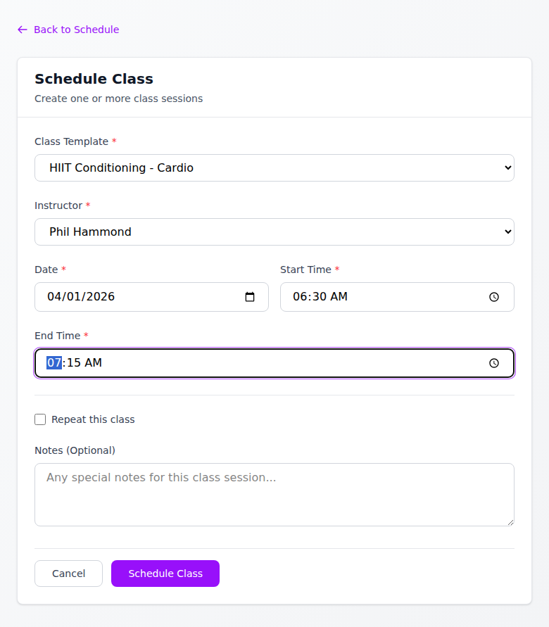 Schedule Class form showing HIIT Conditioning selected, date, start and end times, with a Repeat option