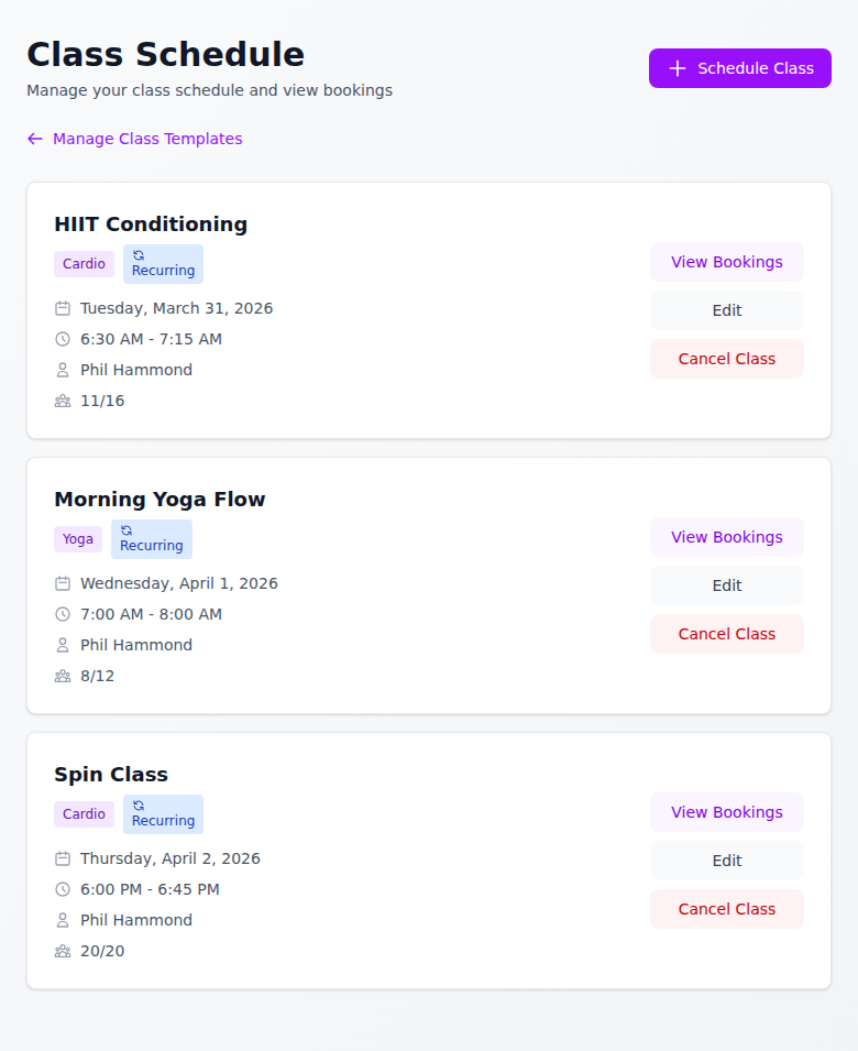 ClearGym Class Schedule showing HIIT Conditioning, Morning Yoga Flow, and Spin Class — with capacity counts and recurring badges