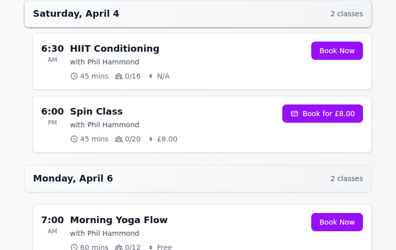 Member-facing class calendar showing Saturday classes — HIIT Conditioning with Book Now and Spin Class with Book for £8.00