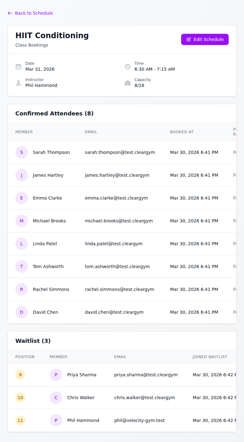 HIIT Conditioning bookings view showing 8 confirmed attendees and a waitlist of 3 members with their queue positions